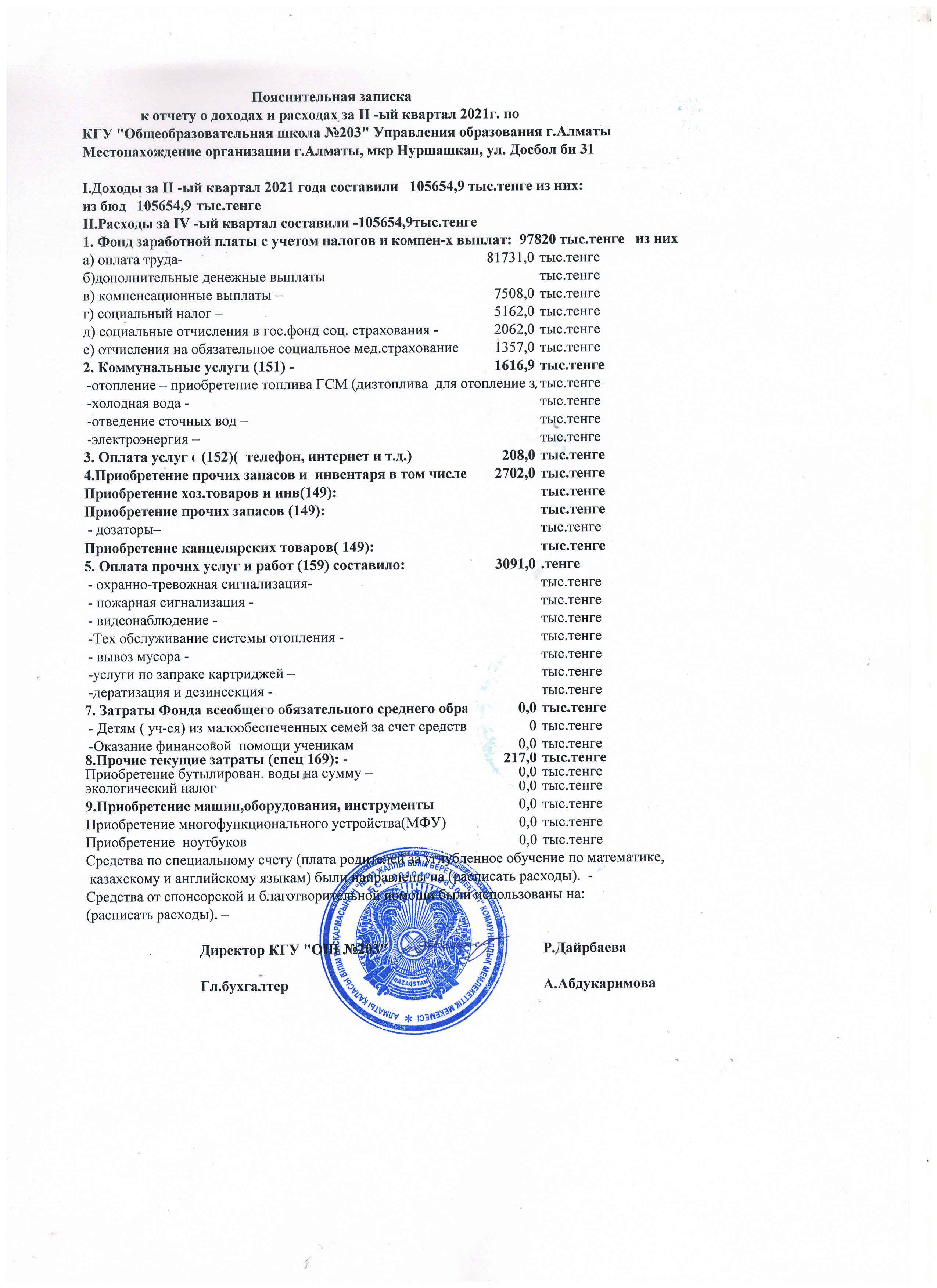 2021 жылғы 2 тоқсандағы кірістер мен шығыстар туралы есеп/ОТЧЕТ О ДОХОДАХ И РАСХОДАХ за 2 квартал 2021 года