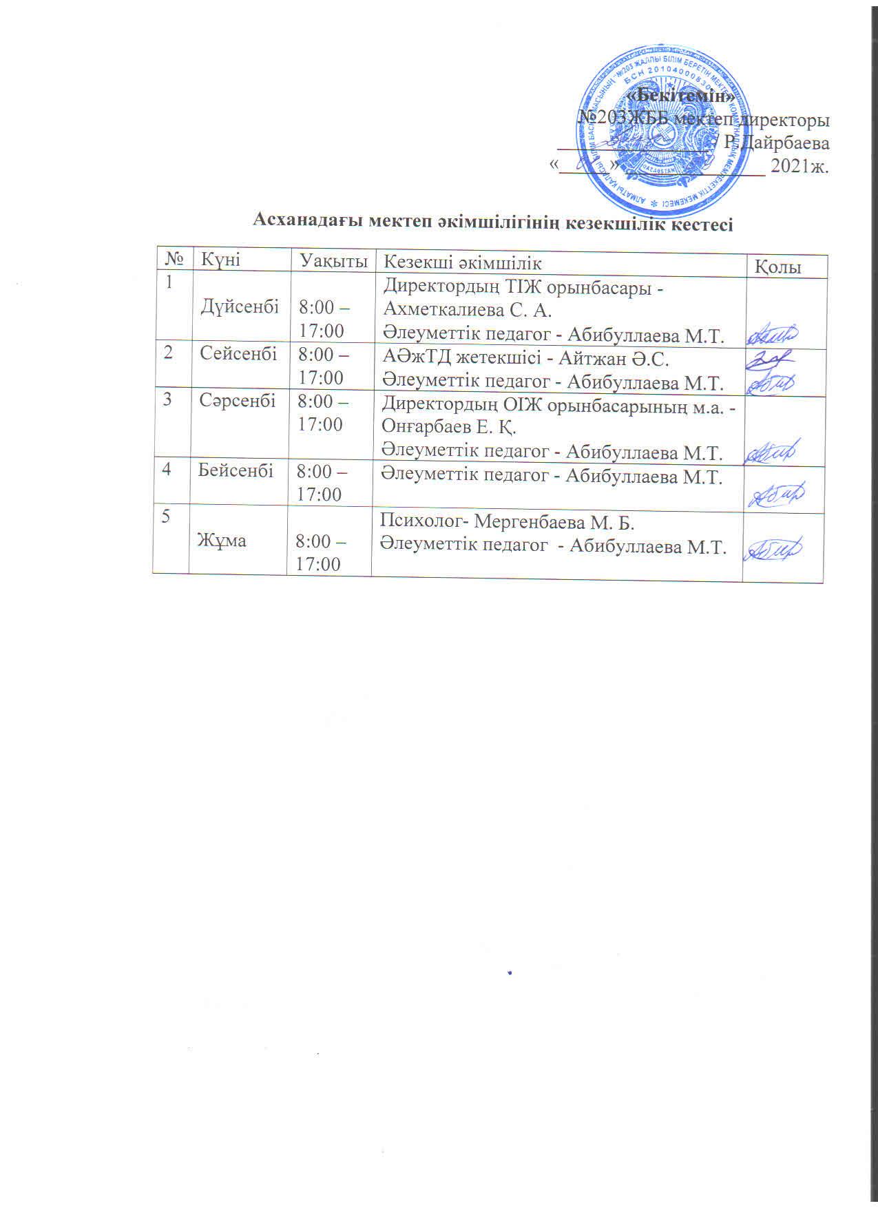 Асханадағы мектеп әкімшілік кезекшелік кестесі