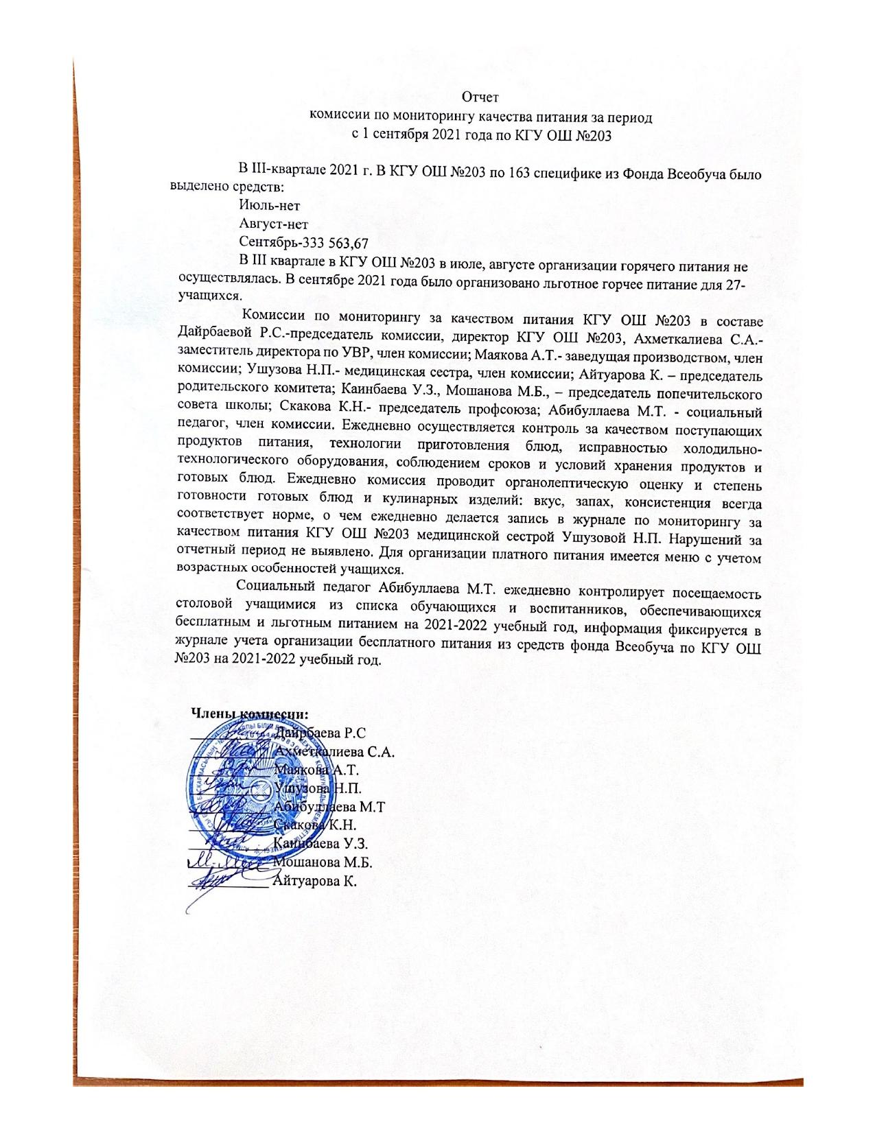 Отчет комиссии по мониторингу качества питания за период с 1 сентября 2021 года по КГУ "ОШ №203"
