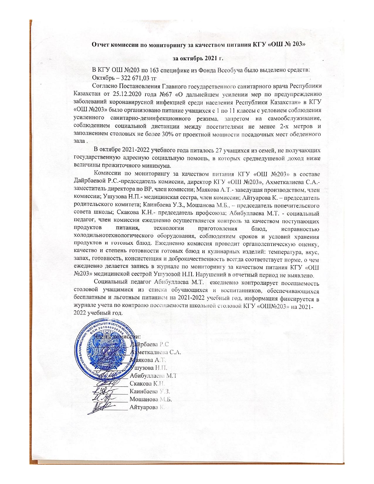 Отчет комиссии по мониторингу за качеством питания КГУ "ОШ №203" за октябрь 2021 г.