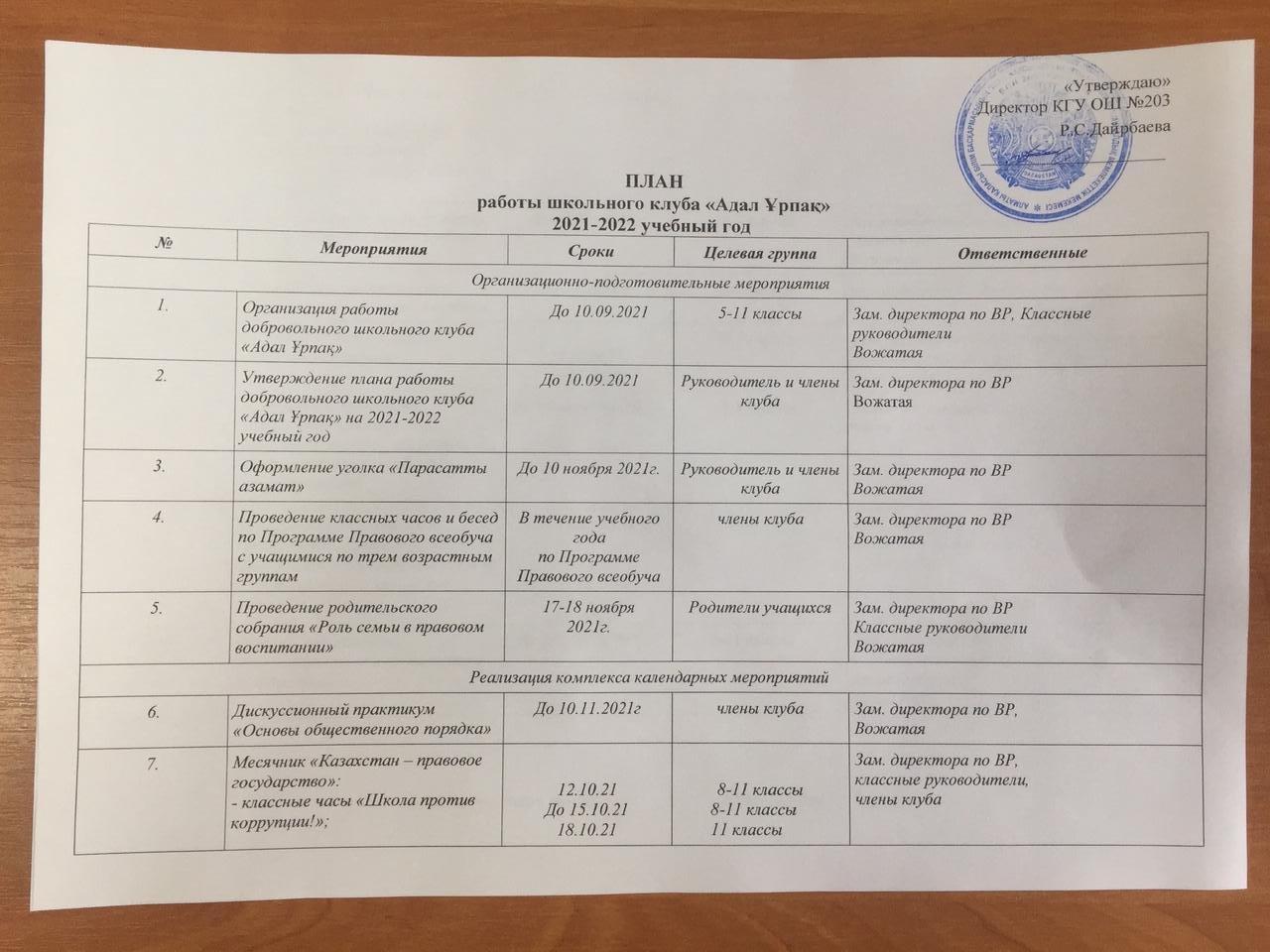 План работы школьного клуба "Адал Ұрпақ" на 2021-2022 учебный год