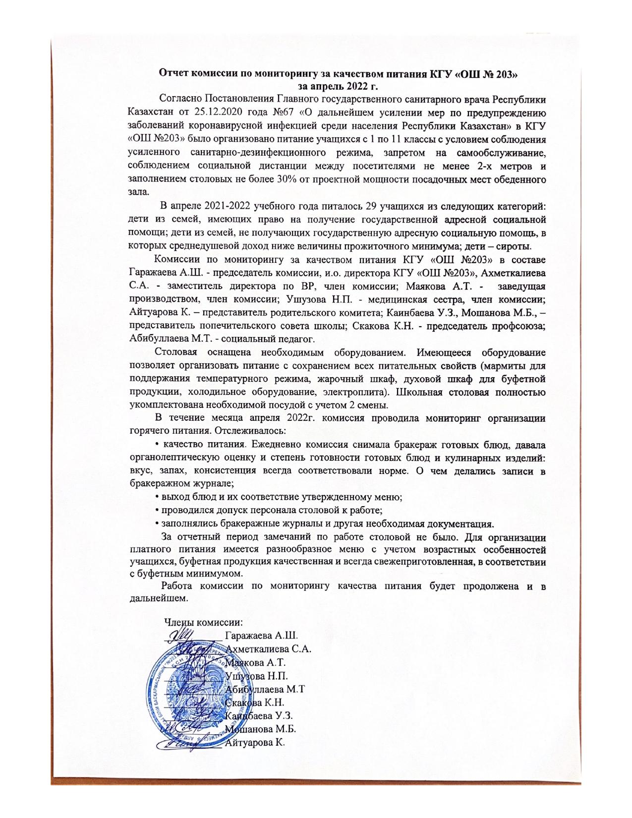 Отчёт комиссии по мониторингу за качеством питания за апрель