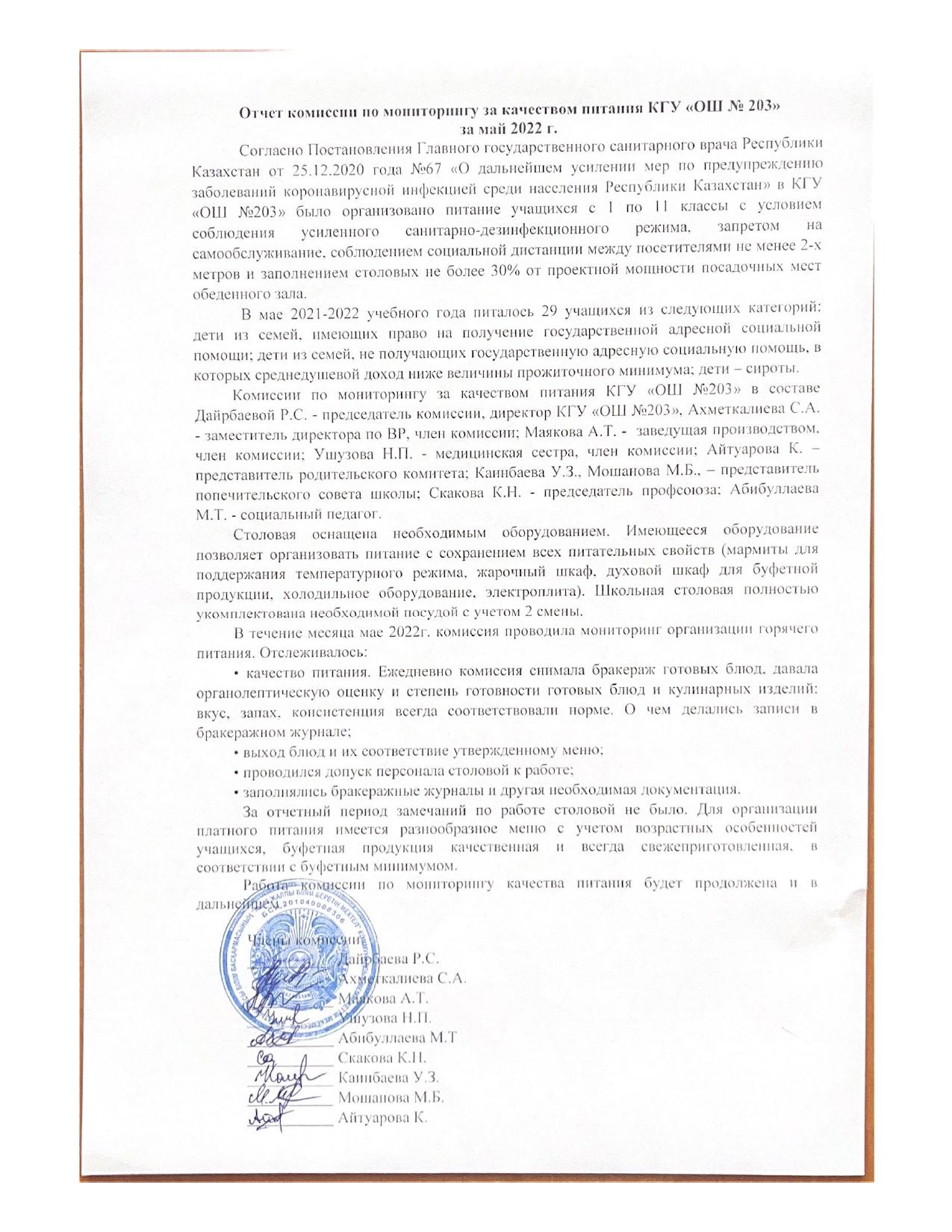 Отчёт комиссии по мониторингу за качеством питания за май