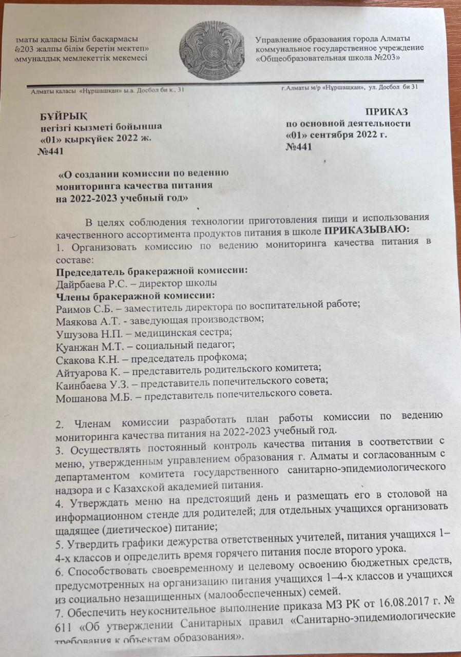 Приказ о создании комиссии по ведению мониторинга качества питания на 2022-2023 учебный год