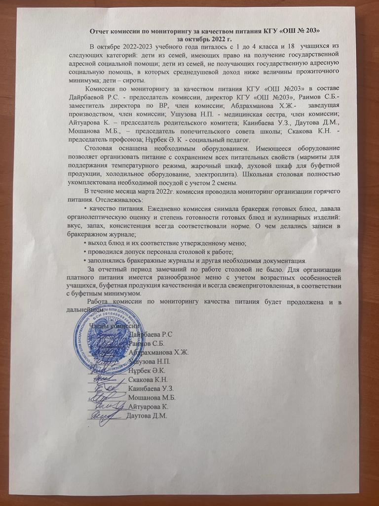 Отчет комисси по мониторингу за качеством питания КГУ "ОШ №203" за октябрь 2022 г.