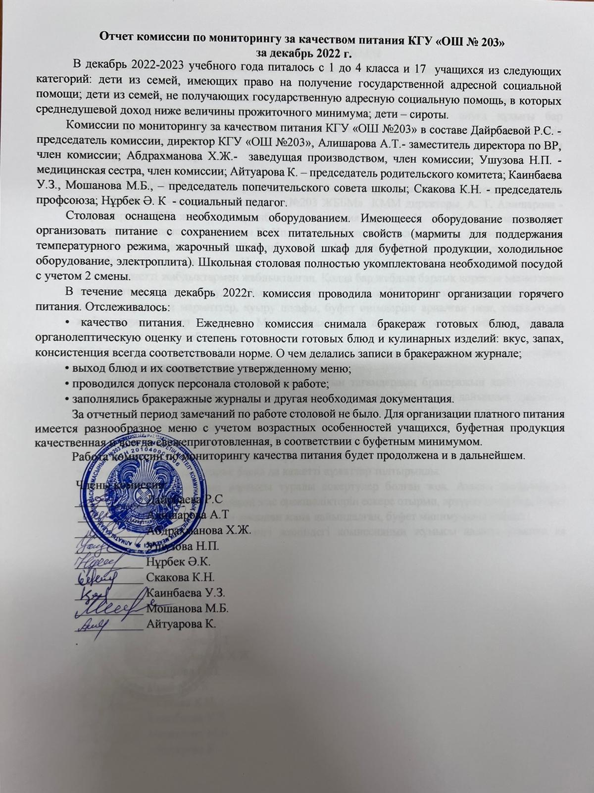 2022ж. желтоқсан айындағы тағам сапасының мониторингі бойынша комиссия есебі/Отчет комиссии по мониторингу качества питания за декабрь 2022г