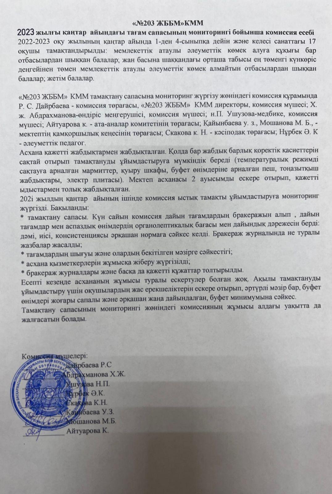 Тамақтану сапасының қаңтар айына есебі/ Отчет комиссии по мониторингу качества питнаия за январь