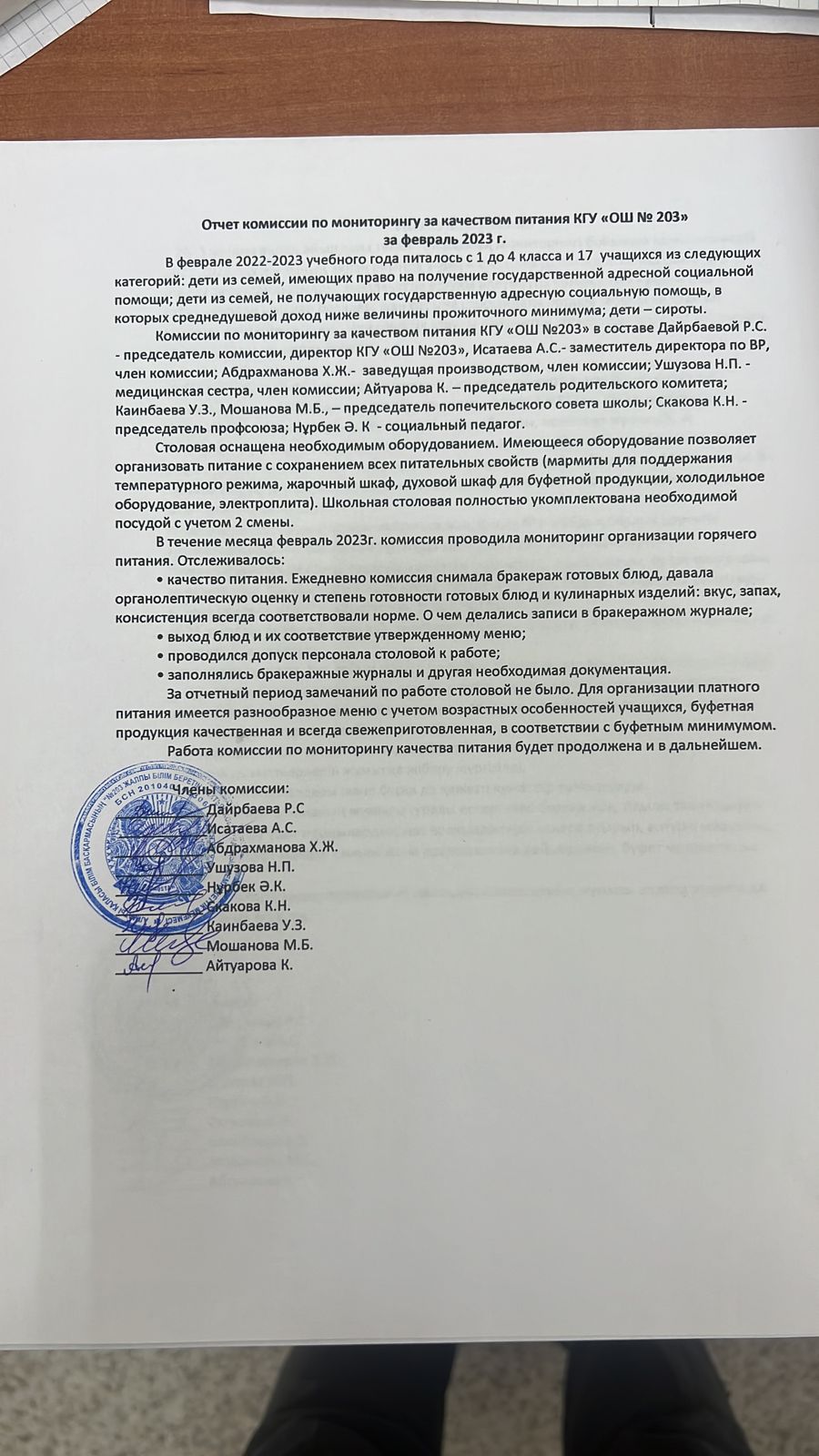 Тамақтану сапасының қаңтар айына есебі/ Отчет комиссии по мониторингу