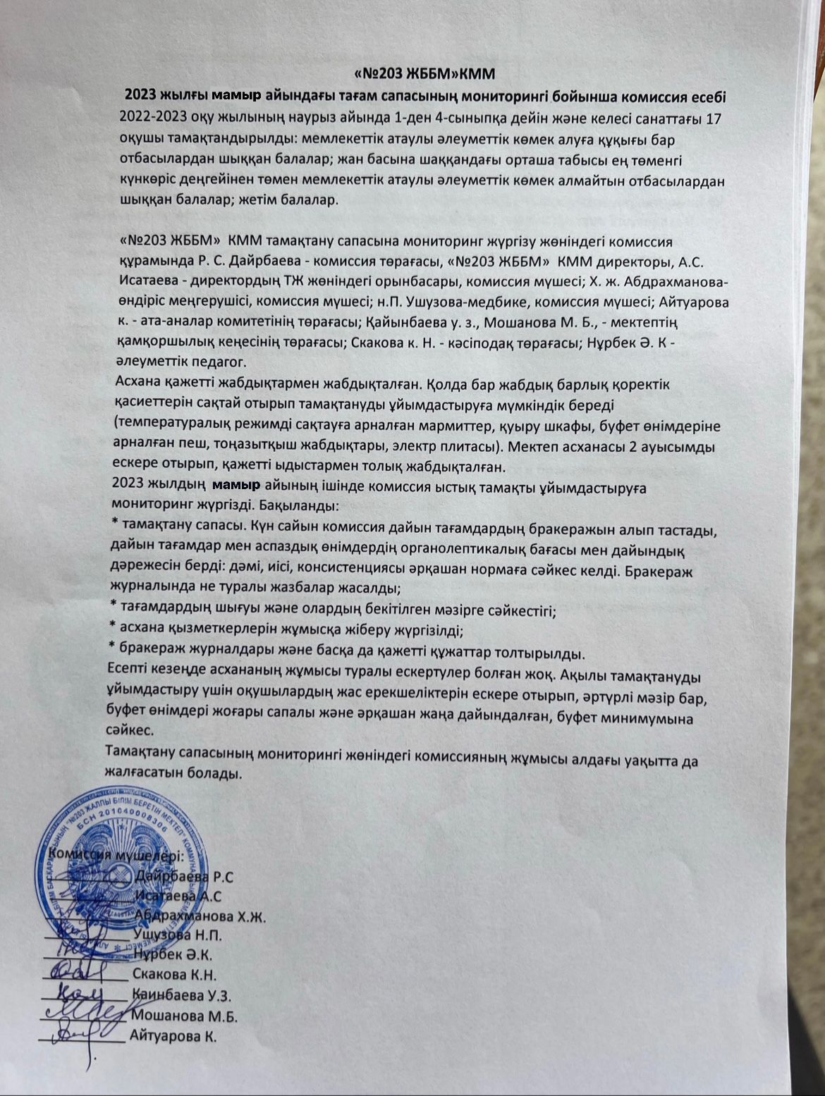 Тамақтану сапасының мамыр айына есебі/ Отчет комиссии по мониторингу за май