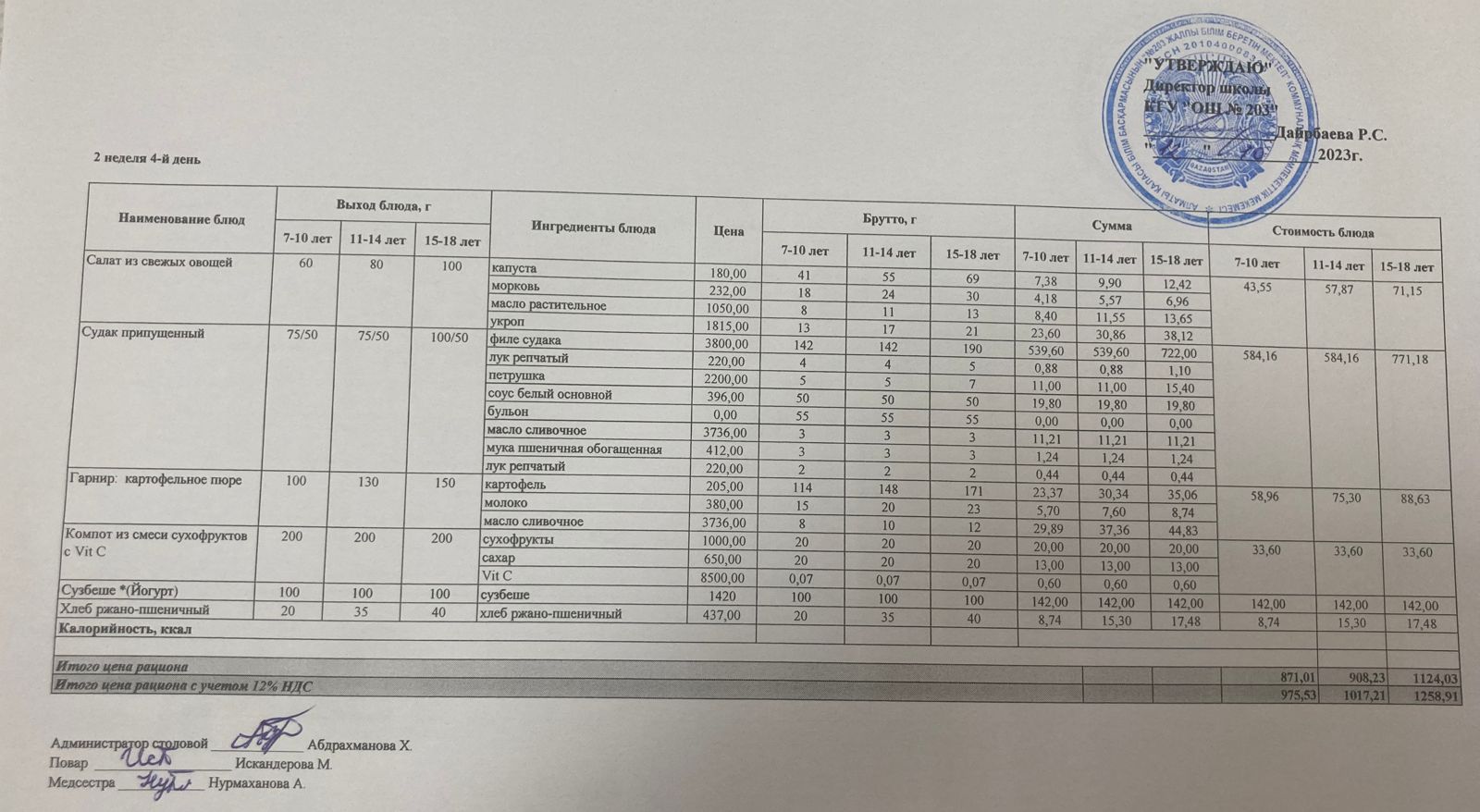 Күнделікті мәзір\Ежедневное меню