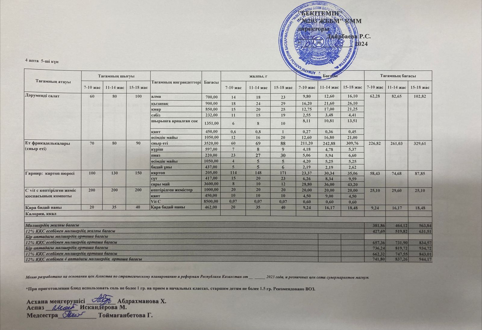 КҮНДЕЛІКТІ МӘЗІР/ЕЖЕДНЕВНОЕ МЕНЮ