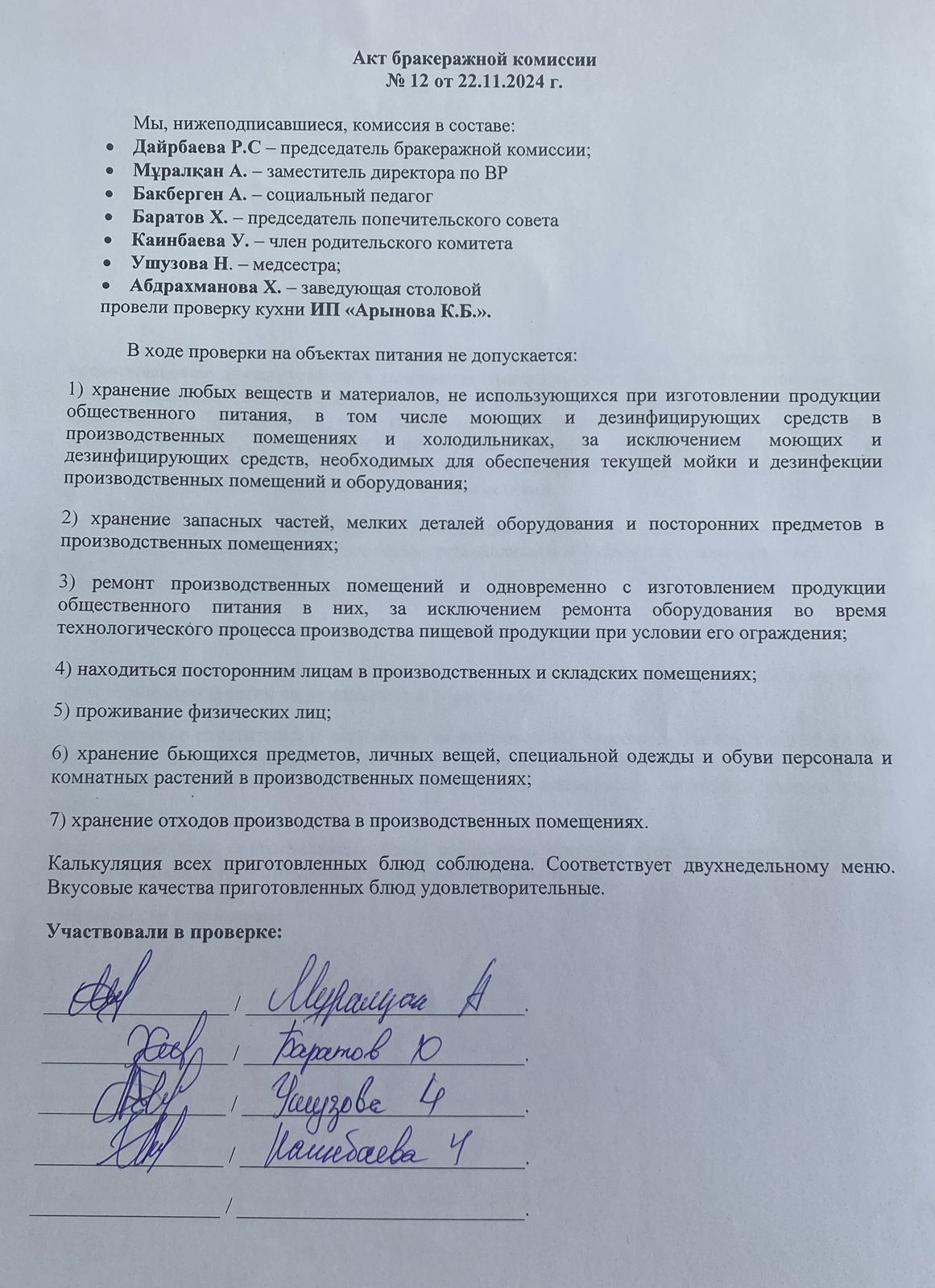 Акт бракеражной комиссии