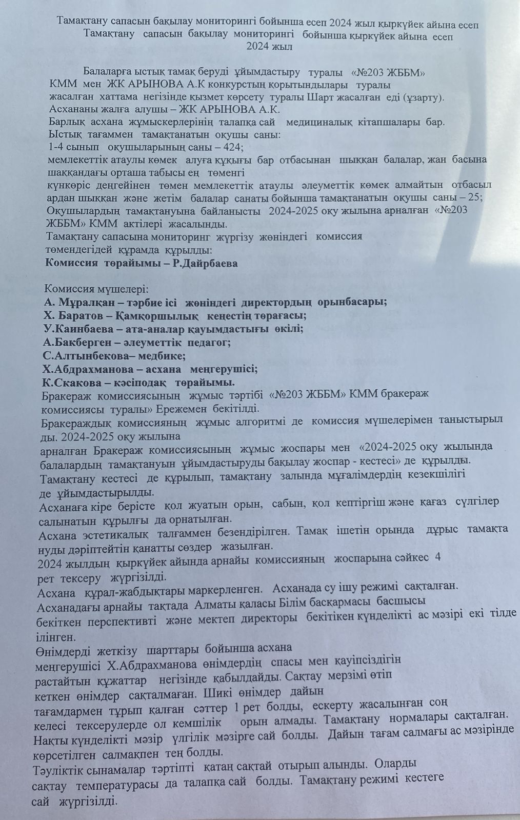 Тамақтану сапасын бақылау мониторингі бойынша есеп 2024 жыл қыркүйек айы