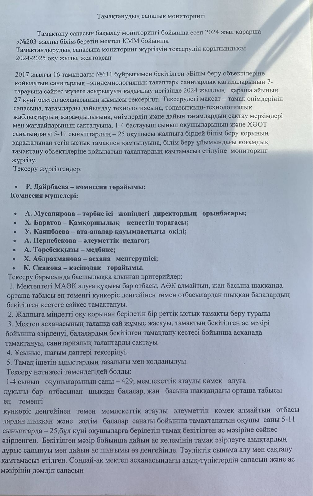Тамақтану сапасын бақылау мониторингі бойынша есеп 2024 жыл қараша айы