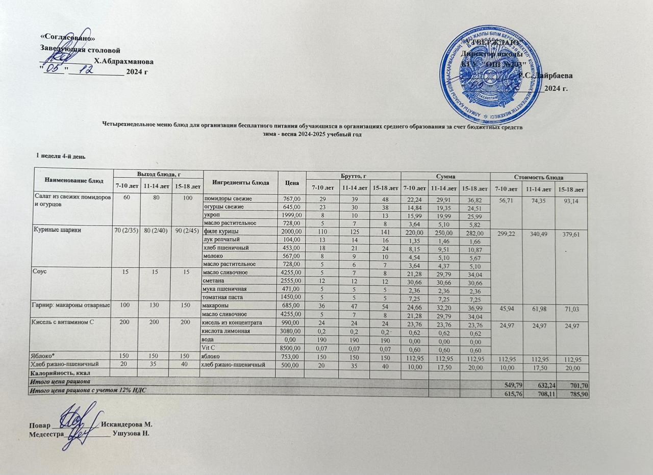 КҮНДЕЛІКТІ МЕНЮ/ ЕЖЕДНЕВНОЕ МЕНЮ