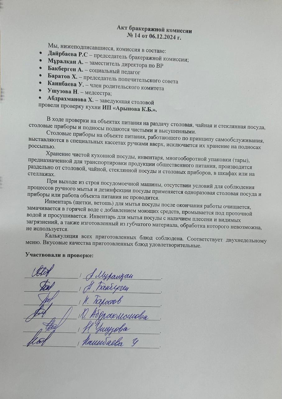 Акт бракеражной комиссии