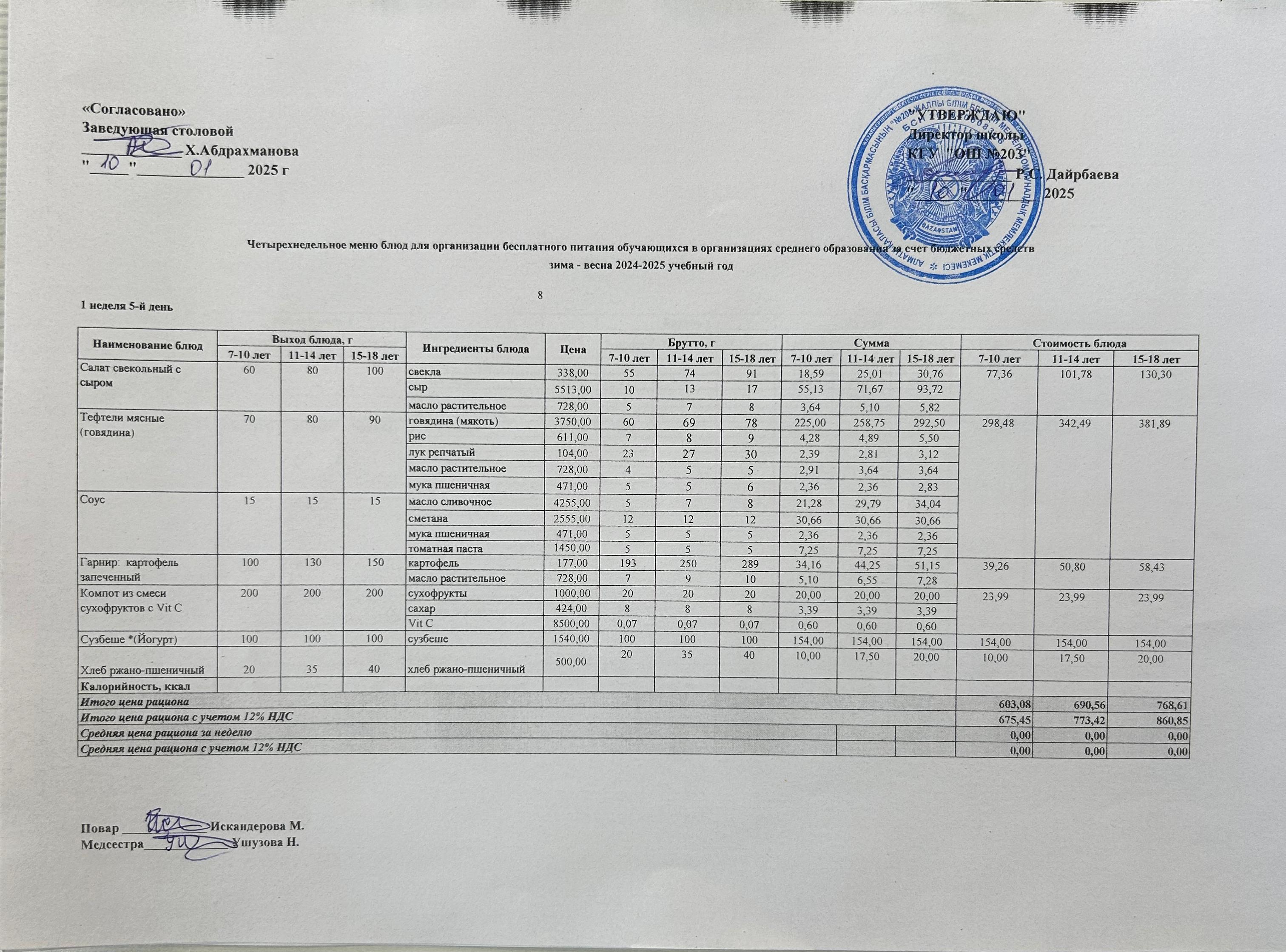 КҮНДЕЛІКТІ МЕНЮ/ ЕЖЕДНЕВНОЕ МЕНЮ