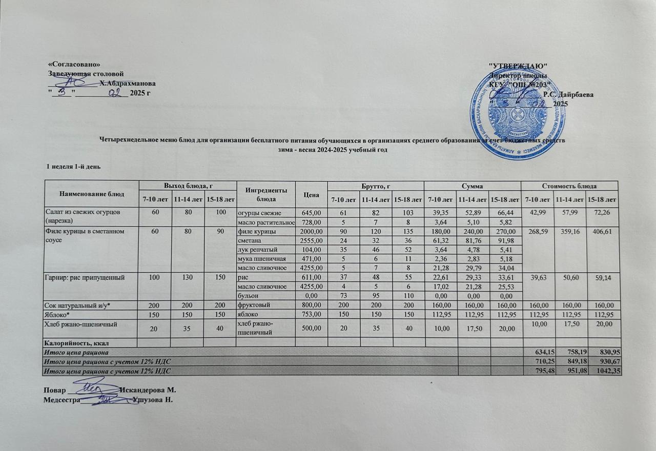 КҮНДЕЛІКТІ МЕНЮ/ ЕЖЕДНЕВНОЕ МЕНЮ