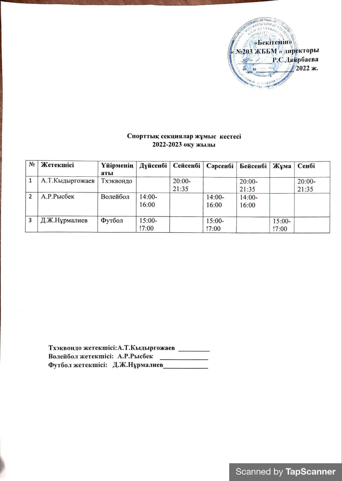 Расписание кружков и секции