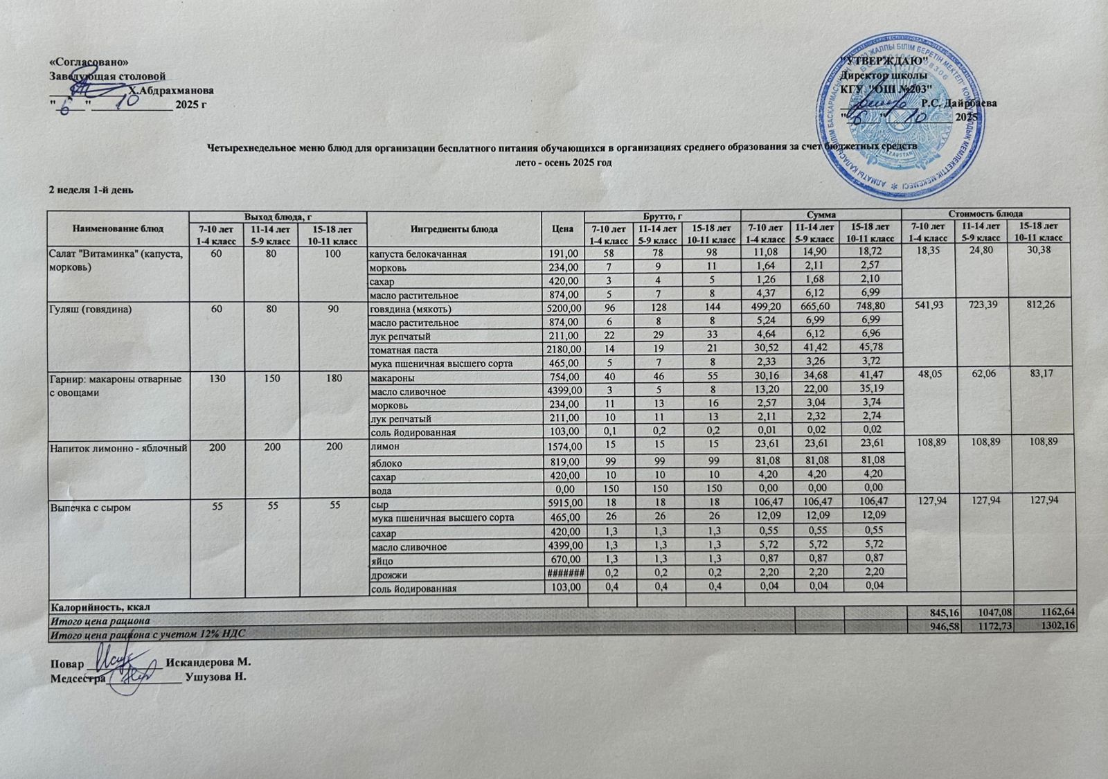 КҮНДЕЛІКТІ МЕНЮ/ ЕЖЕДНЕВНОЕ МЕНЮ