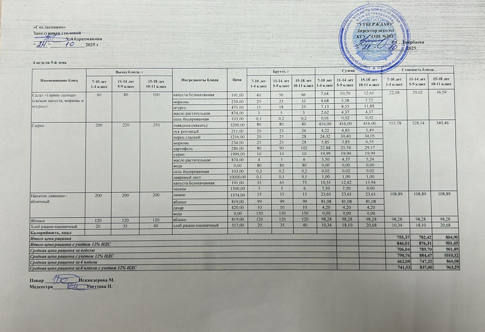 КҮНДЕЛІКТІ МЕНЮ/ ЕЖЕДНЕВНОЕ МЕНЮ