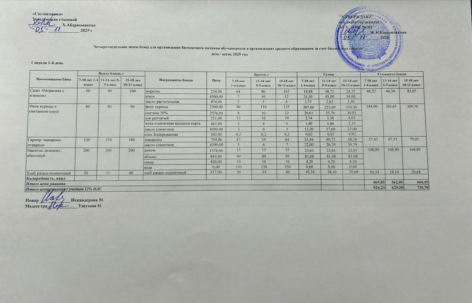 КҮНДЕЛІКТІ МЕНЮ/ ЕЖЕДНЕВНОЕ МЕНЮ