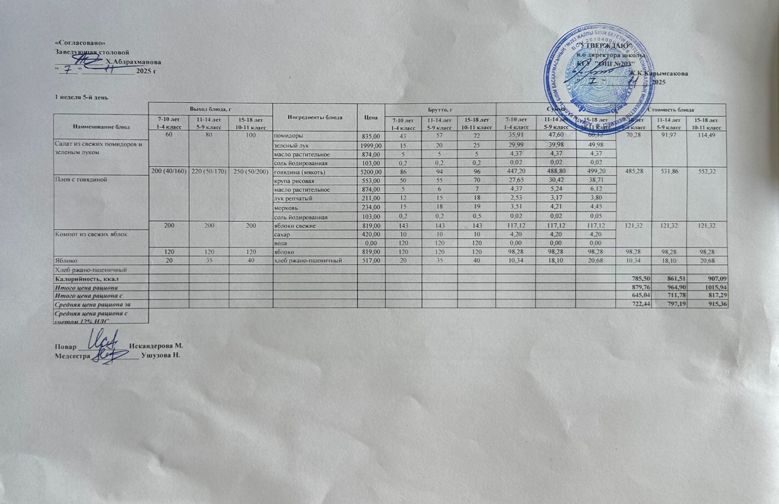 КҮНДЕЛІКТІ МЕНЮ/ ЕЖЕДНЕВНОЕ МЕНЮ