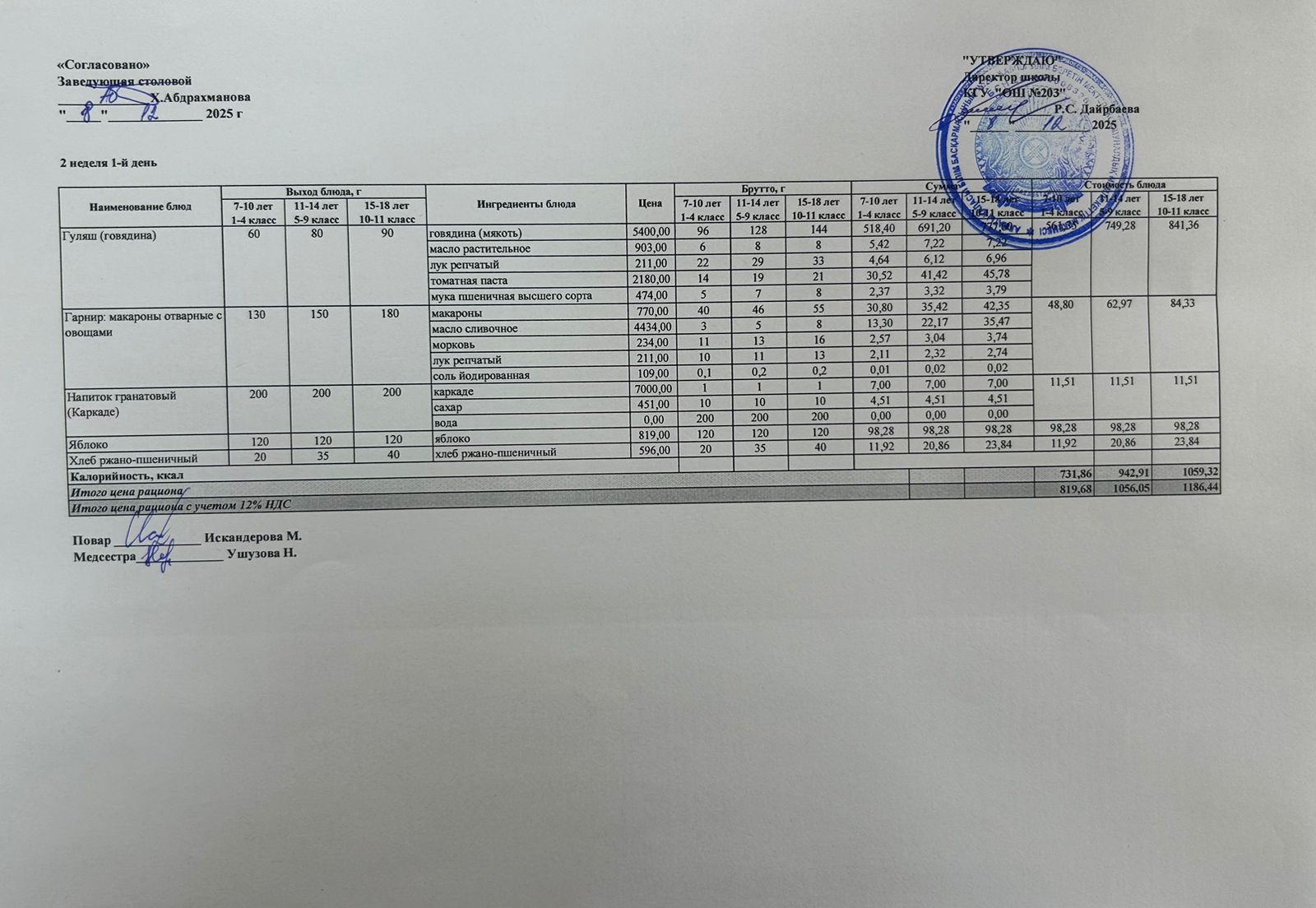 КҮНДЕЛІКТІ МЕНЮ/ ЕЖЕДНЕВНОЕ МЕНЮ