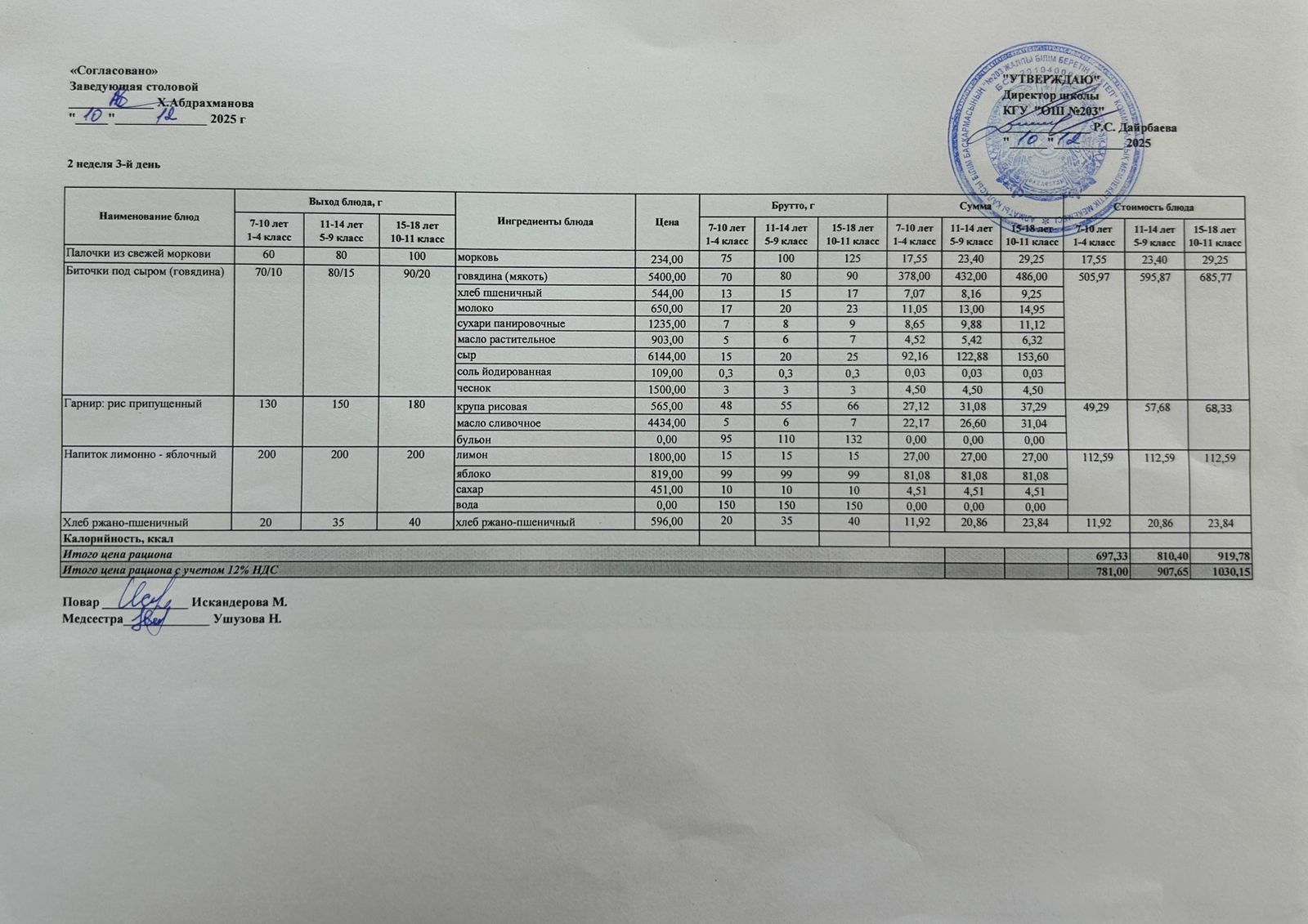 КҮНДЕЛІКТІ МЕНЮ/ ЕЖЕДНЕВНОЕ МЕНЮ