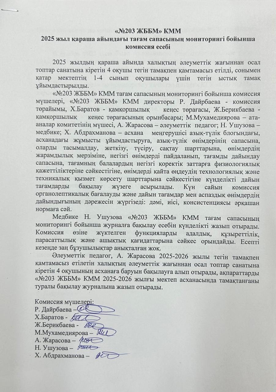 Тамақтану сапасын бақылау мониторингі бойынша есеп 2025 жыл қараша