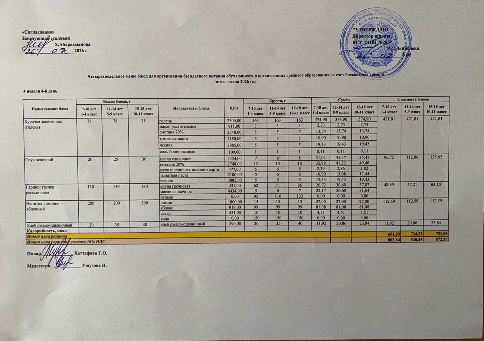 КҮНДЕЛІКТІ МЕНЮ/ ЕЖЕДНЕВНОЕ МЕНЮ