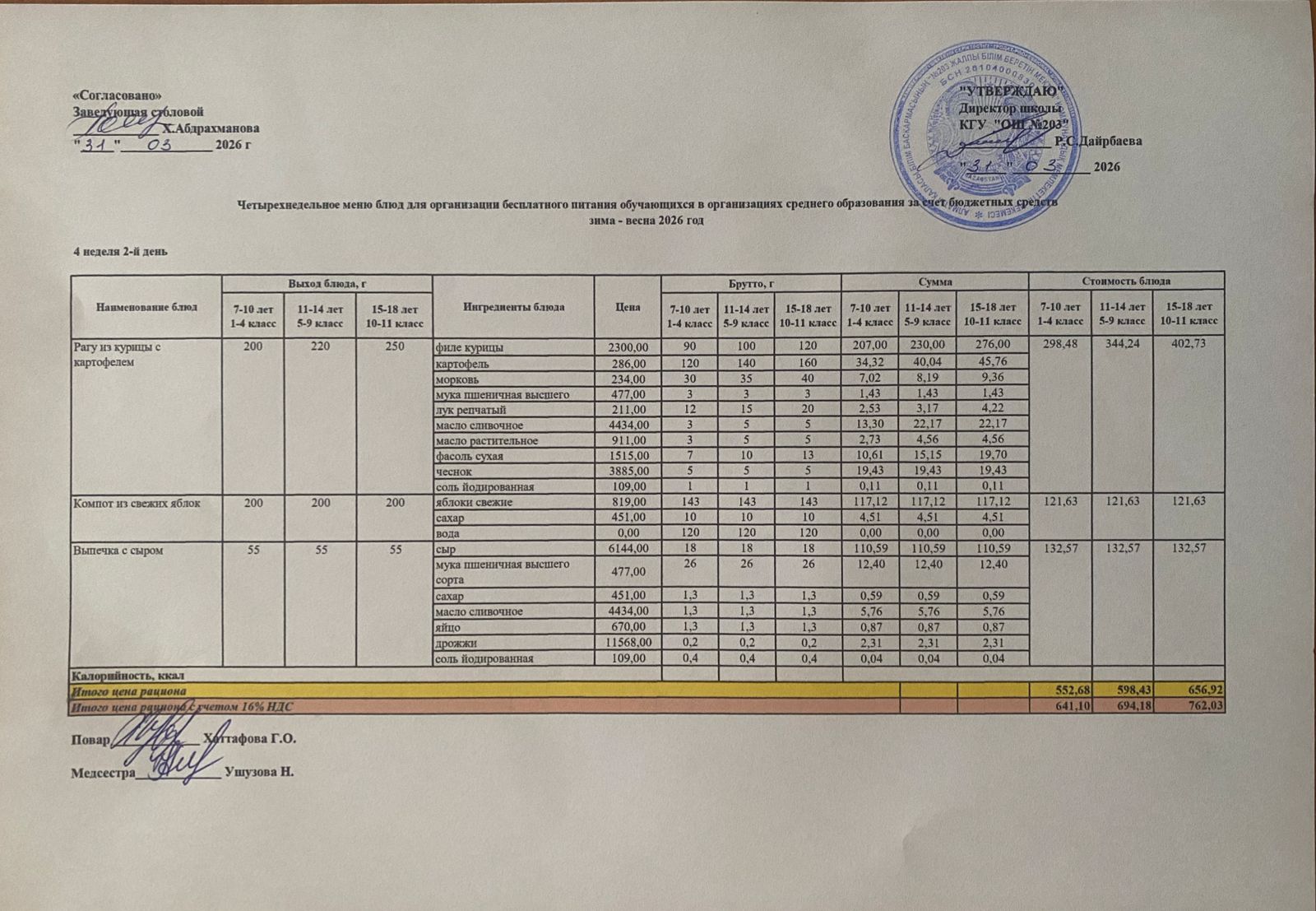 КҮНДЕЛІКТІ МЕНЮ/ ЕЖЕДНЕВНОЕ МЕНЮ