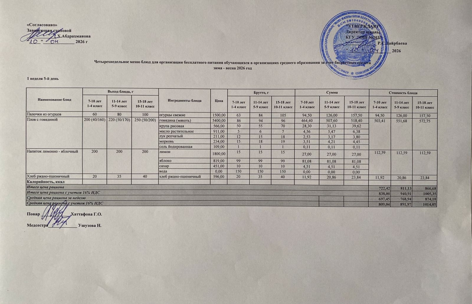 КҮНДЕЛІКТІ МЕНЮ/ ЕЖЕДНЕВНОЕ МЕНЮ