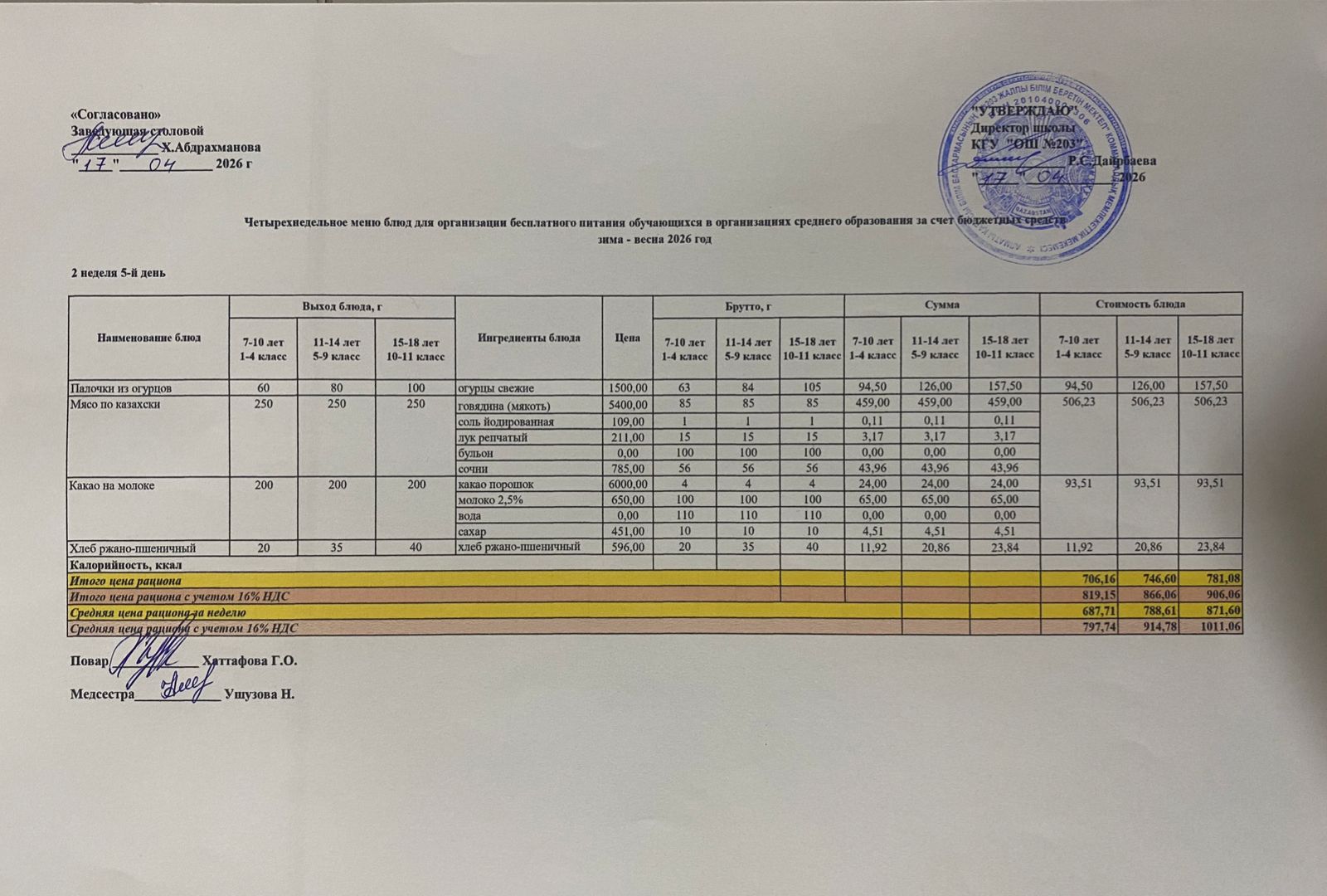 КҮНДЕЛІКТІ МЕНЮ/ ЕЖЕДНЕВНОЕ МЕНЮ
