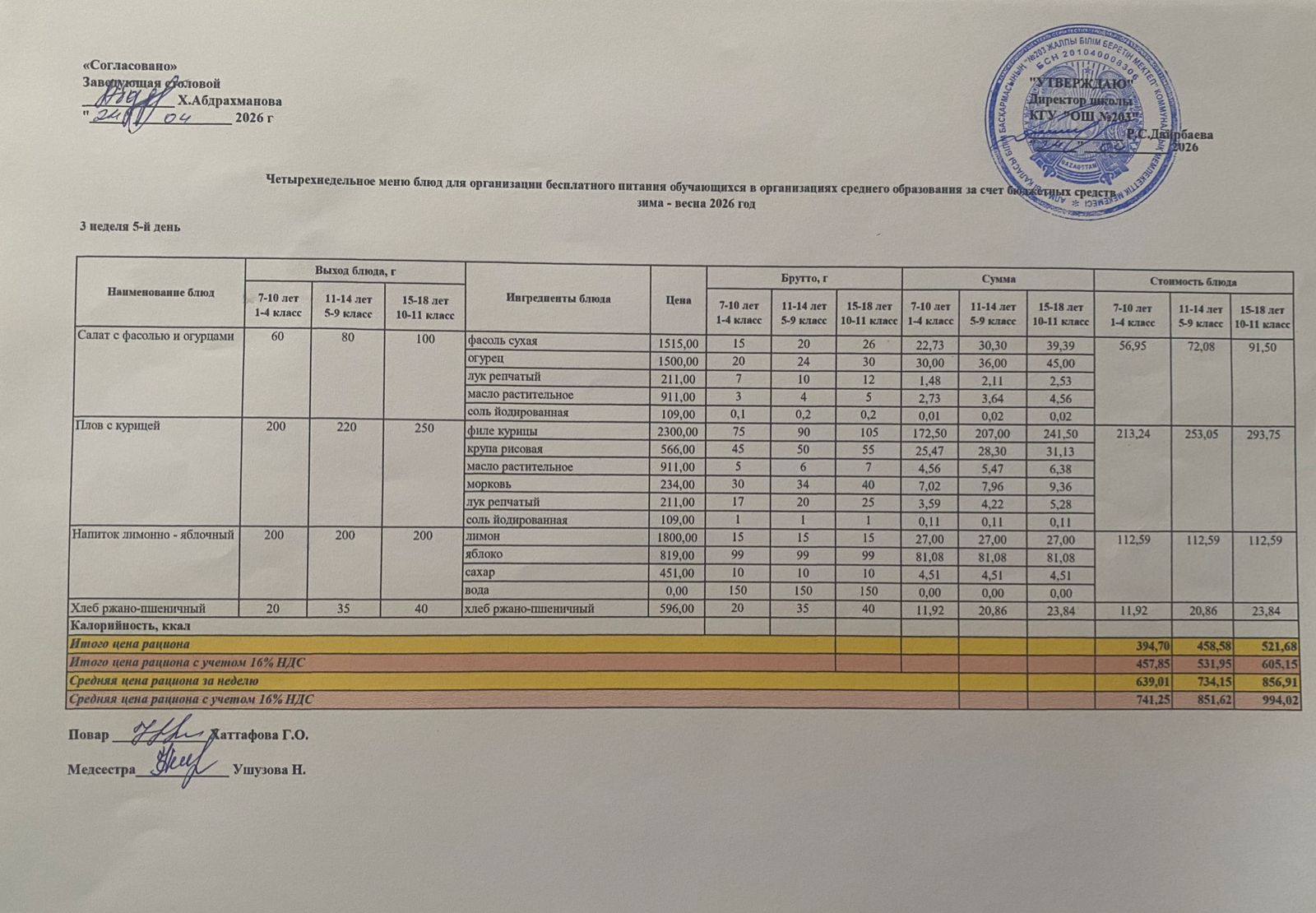 КҮНДЕЛІКТІ МЕНЮ/ ЕЖЕДНЕВНОЕ МЕНЮ