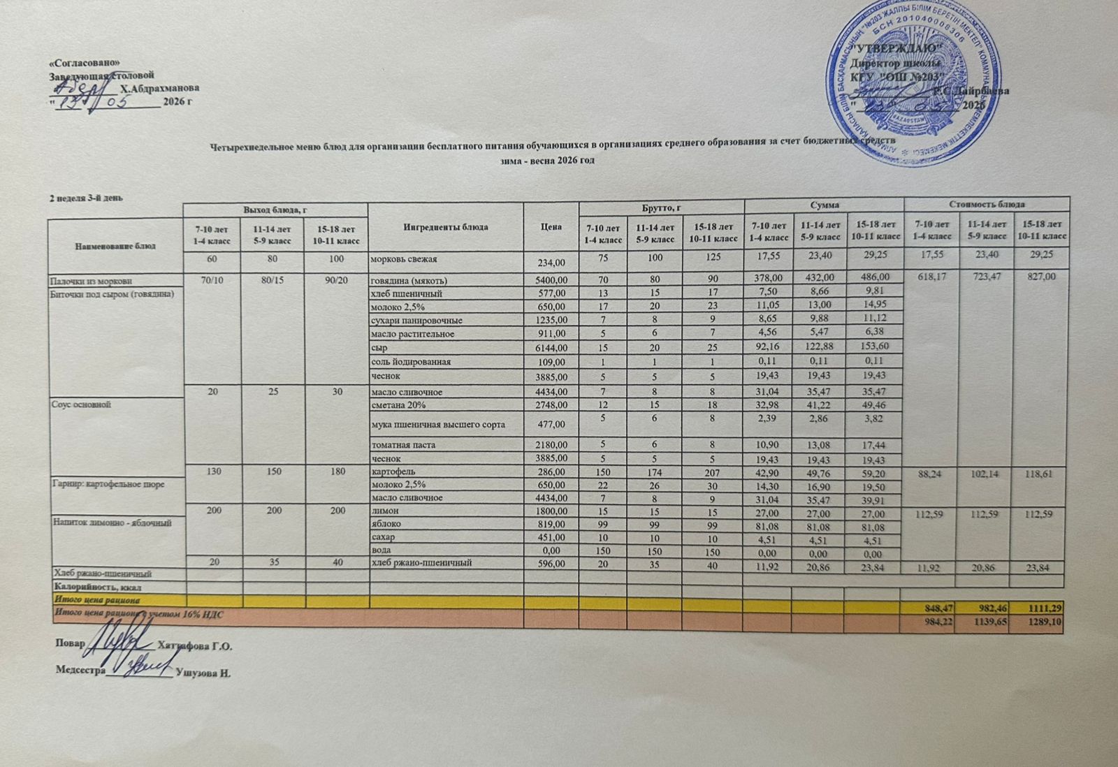 КҮНДЕЛІКТІ МЕНЮ/ ЕЖЕДНЕВНОЕ МЕНЮ