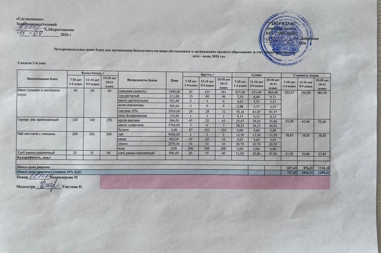 КҮНДЕЛІКТІ МЕНЮ/ ЕЖЕДНЕВНОЕ МЕНЮ