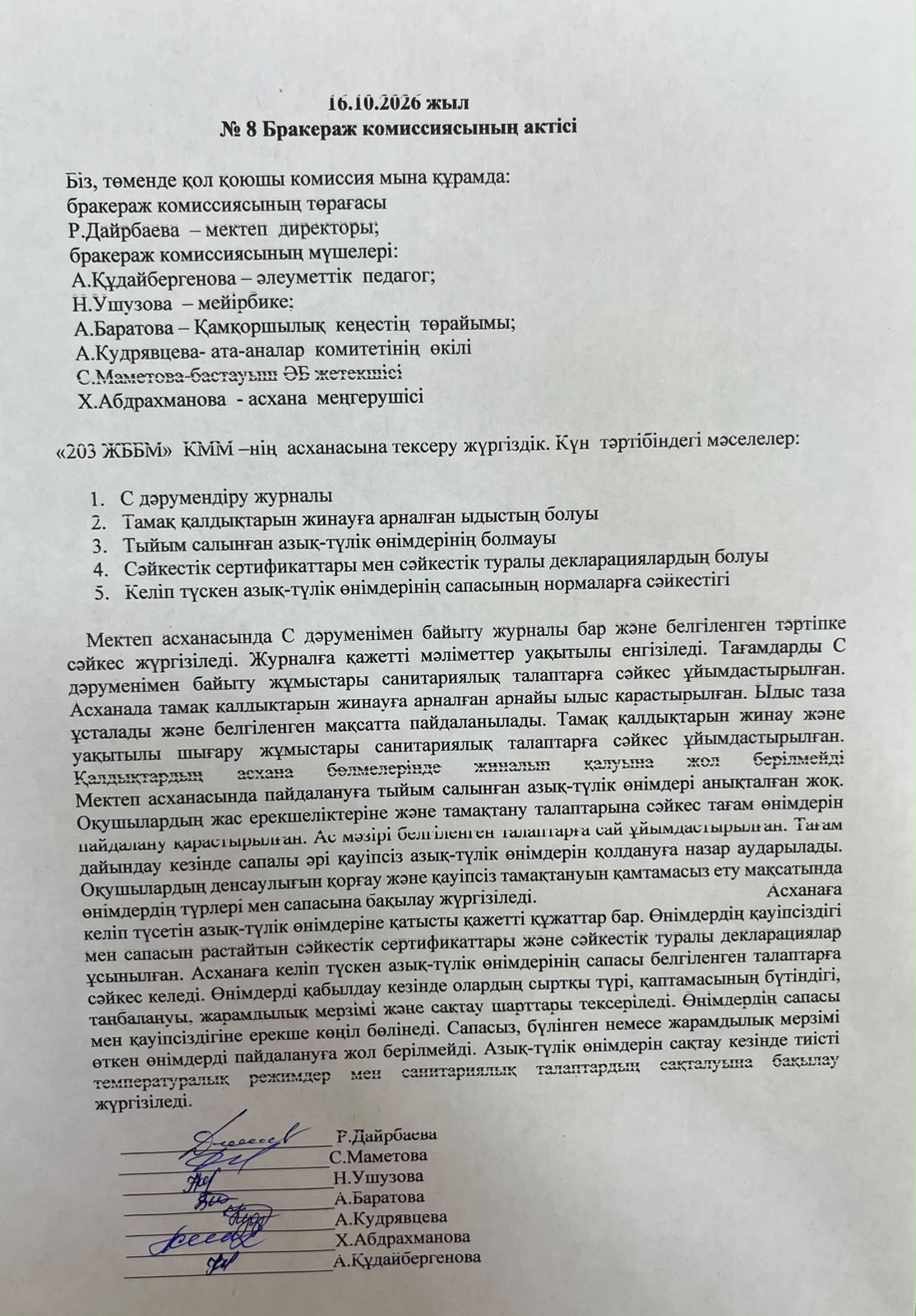Акт бракеражной комиссии